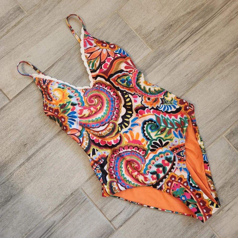 Lucky Brand swimsuit S one piece paisley tropical folk rtsy bohochic new $140